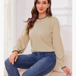 Amazon Beige Women's Blouse with Brown Trim